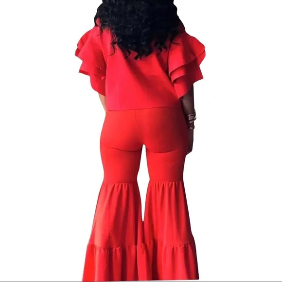 Red Flare pants suit Two piece set - Picture 2 of 6